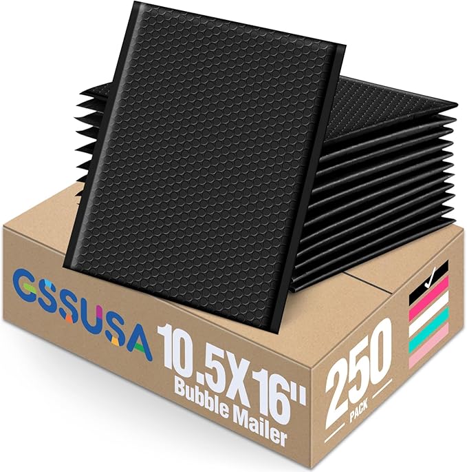 GSSUSA Large Bubble Mailers 10.5x16 Inch 250 Pack Black Padded Envelopes, Strong Adhesion Padded Mailer Self-Seal Bubble Envelopes for Mailing Clothes,Magazines