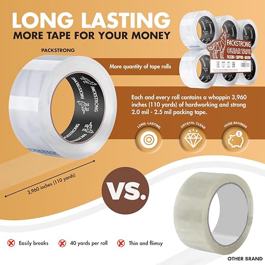 Packstrong Industrial Grade Clear Packing Tape 6 Rolls - 110 Yards per Roll - 3" Wide x 2.0 mil Thick, BOPP Adhesive Heavy Duty Tape for Box Office Moving Packaging Shipping