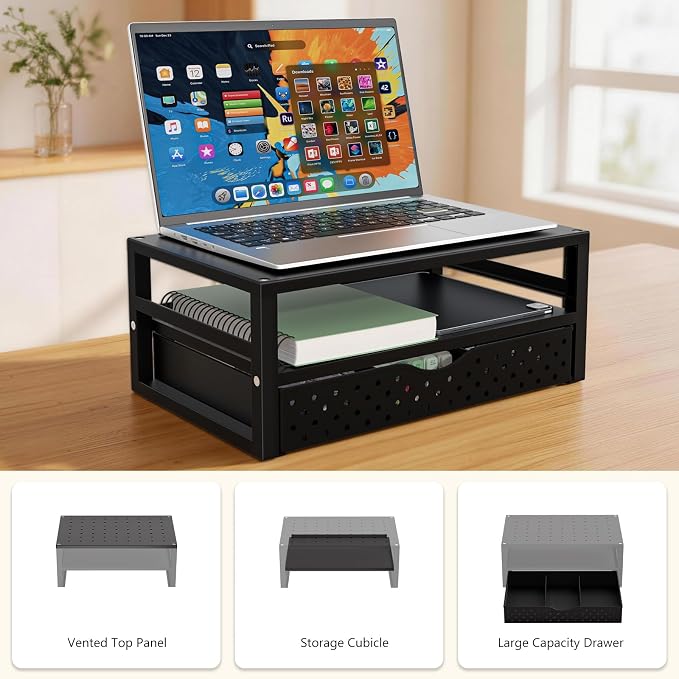 WALI Monitor Stand Riser with Drawer | Desk Organizers and Accessories for Computer, Printer, Laptop Stand for Home Office Supplies, (PTT005-B), 1 Pack, Black