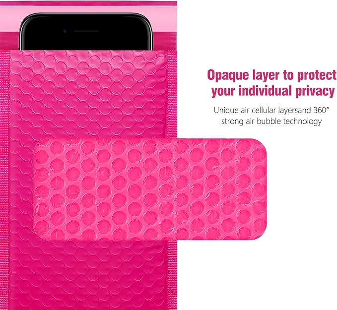 HBlife 50Pcs Bubble Mailers, 4x8 Inches Self Seal Hot Pink Poly Mailers, Padded Envelopes Shipping Bags Packaging for Small Business