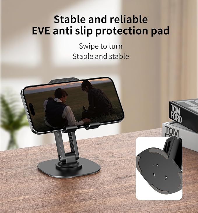 360° Rotating Cell Phone Stand for Desk (Black, K69) | Adjustable & Foldable Phone Holder, Aluminum Desktop Phone Stand with Anti-Slip Base, Phone Holder for Desk