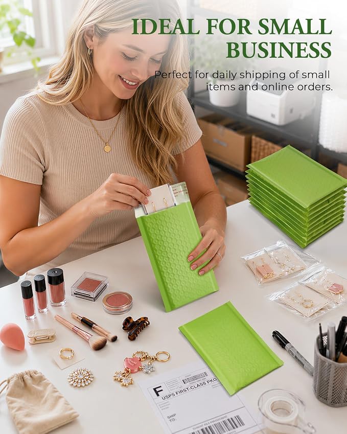 GSSUSA Green Bubble Mailers 4x8 100 Pack, Self Seal Padded Envelopes | Usable Size 4x7, Waterproof, Opaque, #000, Bulk Mailing Bags For Cards, Jewelry, Gifts, Accessories, Online Sellers