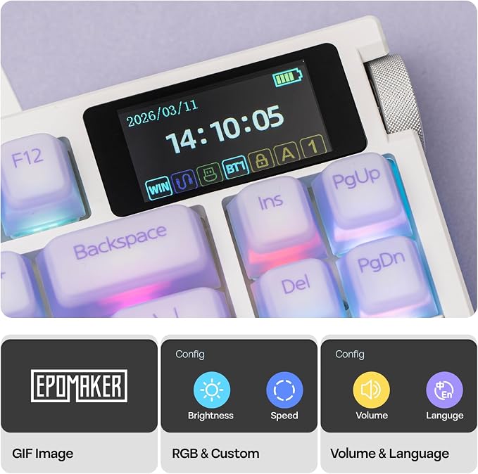 EPOMAKER G84 PRO Wireless Gaming Keyboard w/Screen&Knob, Silicone Keycaps | 8000mAh, Hot-Swap, BT5.0/2.4G/USB-C Mode, RGB, 75% Creamy Mechanical Keyboard for Gamers/Office (Purple, Creamy Jade Switch)