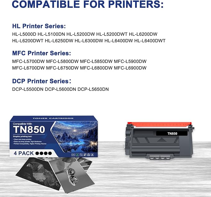 TN850 TN820 High Yield Toner Cartridge TN 850 820 TN-820/TN-850 Black | Replacement for Brother TN-850 TN-820 HL-L6200DW MFC-L5700DW MFC-L5850DW HL-L5200DW MFC-L5900DW MFC-L6800DW Printer 4-Pack