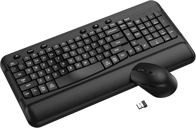 Wireless Keyboard and Mouse Combo, EDJO 2.4G Full-Sized Ergonomic Computer Keyboard with Wrist Rest and 3 Level DPI Adjustable Wireless Mouse for Windows, Mac OS Desktop/Laptop/PC, Carbon Black
