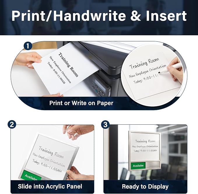 Conference Room Door Sign with Slider – Office Door Sign for Meeting Room, Writable Whiteboard Panel, DIY Custom Insert Options, In Use Available Sign, Self-Adhesive Mount, Brushed Silver