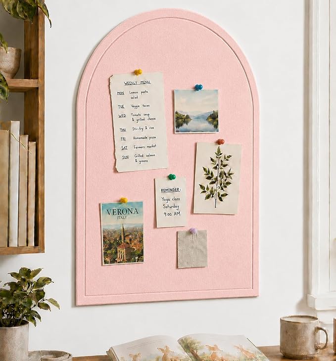 Large Arched Felt Bulletin Board, Sized 36" x 24" for Office & Wall Decor – 6 Customizable Adhesive Tiles with Pins are Perfect to Display Your Photos (Pink-B)