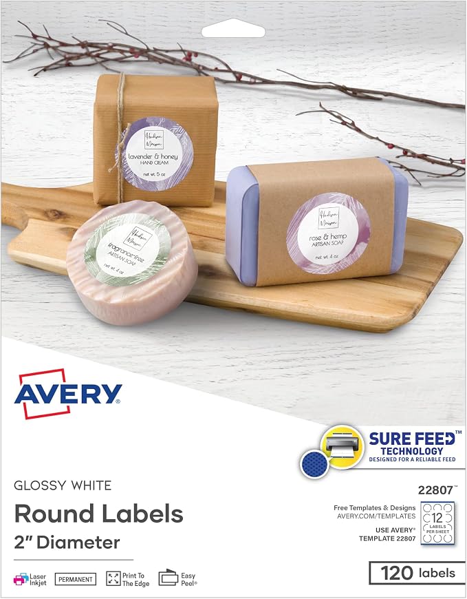 Avery® Printable Round Labels, Sure Feed® Technology, Glossy White Labels, 2" Diameter, Permanent Adhesive, Laser/Inkjet, 120 Total (22807)