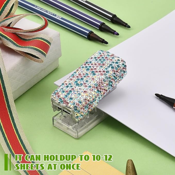 Bling Rhinestone Stapler, Sparkly Diamond Staplers, Cute Desk Stapler for Women & Girls, Bling Crystal Machine Pretty Office Stationery Kit (Blue with AB Color Plated, Small)