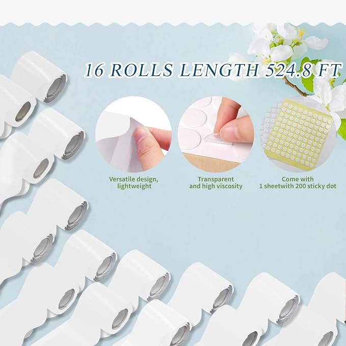 16 Rolls 524.8 Ft White Bulletin Board Borders Set - Scalloped Trim for Classroom Decor, Office, School Decorations - Teacher Borders for Bulletin Boards, Wall & Theme Supplies