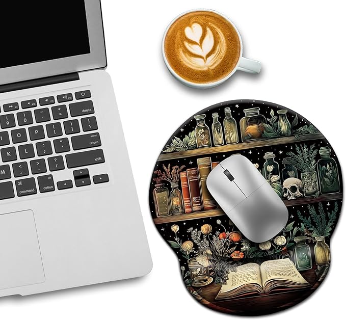 Mouse Pad with Wrist Rest, Goth Book Ergonomic Mouse Pad Wrist Support with Non-Slip Pain Relief PU Base, Funny Laptop Computer Mousepad, Gothic Skull Office Home Desk Accessories Decor
