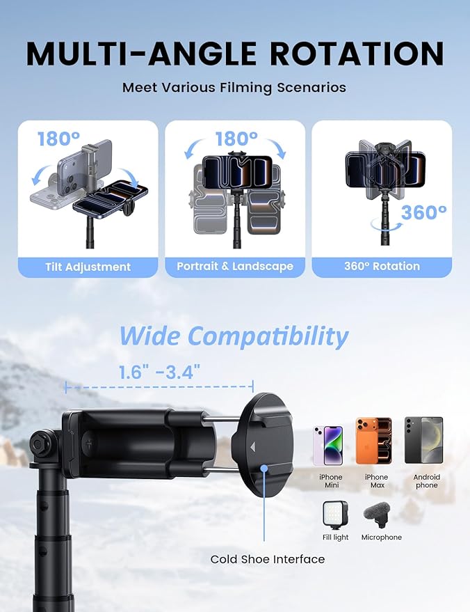 Lamicall 65" Tripod for iPhone 0.77lb Selfie Stick with Remote & Cold Shoe | Auto Open Phone Tripod Ultra-Stable Phone Stand for Recording for Travel Live Stream Vlog fit iPhone 17 Pro Max Android-Black