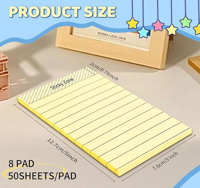 Lined Sticky Notes 3x5 in,400 Sheets,Clean Remove for Home,Back to School | 8 Pack Ruled Stickies Notepads,Smooth Writing,No ink bleed-through,Office Memo Note Pads for Reminders, Lists, and Planning