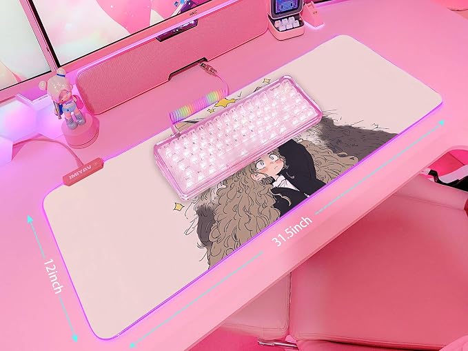 JMIYAV Pink RGB Gaming Mouse Pad 31.5x12 Inch PC XL Large Extended Glowing Led Light Up Desk Pad Non-Slip Rubber Base Computer Cute Mousepad Mat Desk Accessories Gaming Setup Fuzzy Shelter