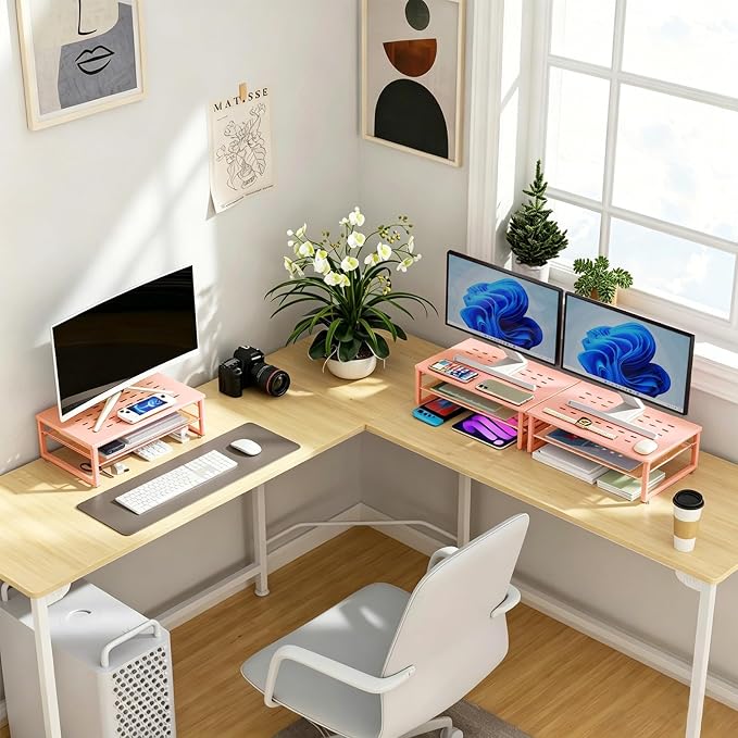 gianotter 2-Tier Metal Monitor Stand Riser | Desk Organizers and Accessories, Desk Organizer for Monitor, Office Desk Storage Organizer for Office Supplies (Rose Gold)