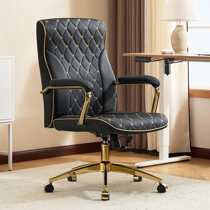 Black and Gold Office Chair, Leather Office Chairs, Adjustable Vanity Chair with Golden Legs and Padded Armrest, Modern Upholstered Computer Chair with Wheels,Black