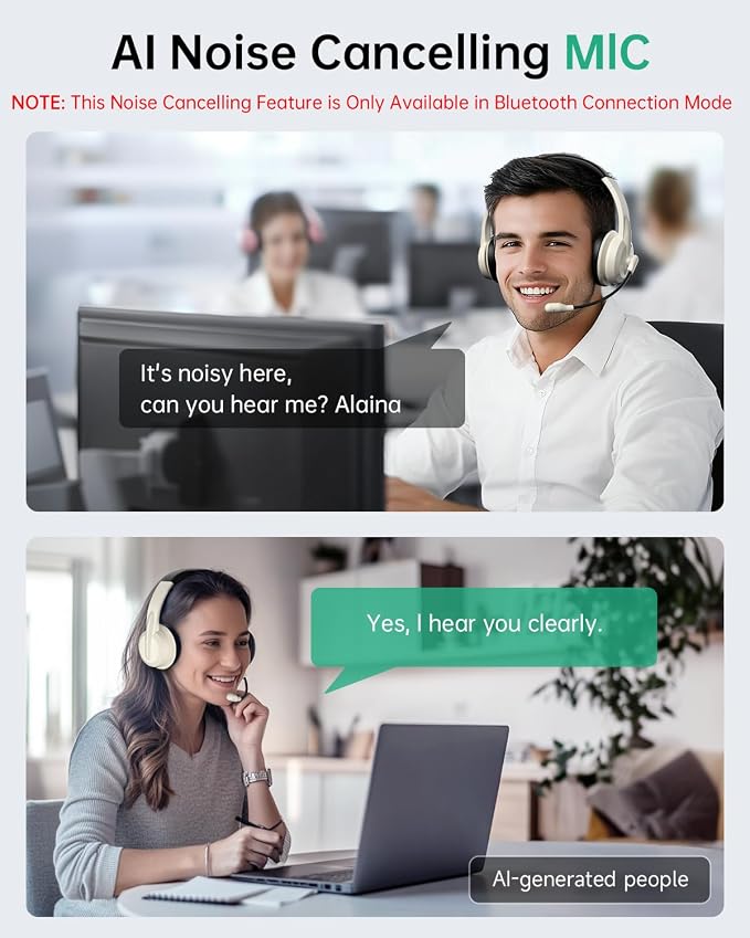 AOC Wireless Headset with Mic for Work, AI Noise Cancelling, Bluetooth | AI Noise Cancelling Mic, Bluetooth 5.3, USB-A/C Dongle Included, Mic Mute, Compatible with PC, Laptop & iPhone