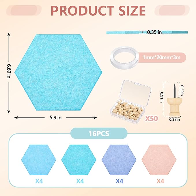6.7 x 5.9 in 16 Pcs Hexagon Cork Board Tiles with 50 Wooden Push Pins, Cork Boards for Wall, Felt DIY Tiles with Nano Tape, Pin Board for Office Classroom Home Photo Memo Note (Pastel)