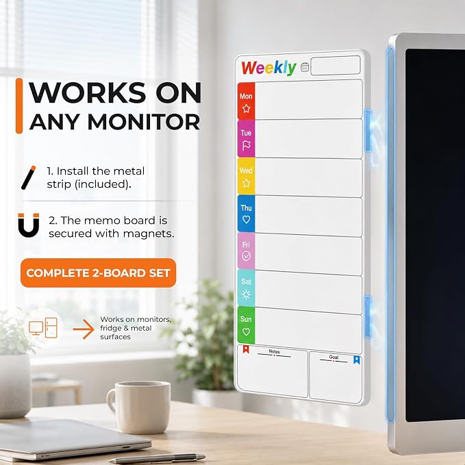 Office Supplies Desk Accessories 2pcs Computer Monitor Magnetic Memo Board | Week & To Do List Dry Erase Magnetic Memo Board Planer, Sticky Note Holder with 2 Markers