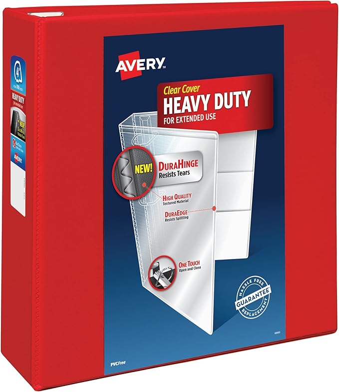 Avery Heavy-Duty View 3 Ring Binder, 4 Inch One Touch EZD Rings, 4.5 Inch Spine, 1 Red Binder (79326)
