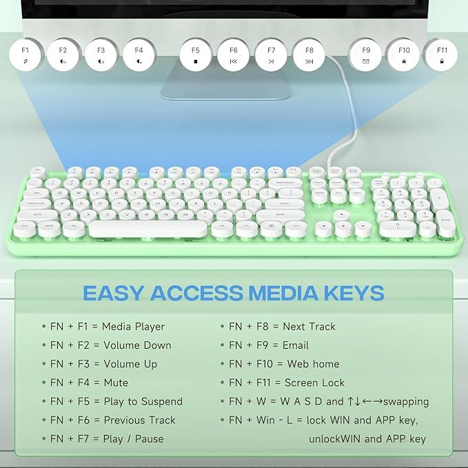Computer Keyboard Wired, Plug and Play USB Retro Round Typewriter Keyboard, Full Size Wired Keyboard with Foldable Stands for Laptop and Office PC