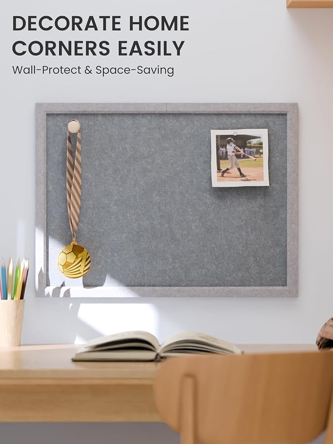 Fluxynara 23.6" x 17.1" Felt Frame Bulletin Board, Blue Gray | Cork Board Alternative with 12 Removable Adhesive Tabs, Foldable Pin Board for Wall, Home, Office, Classroom & Dorm