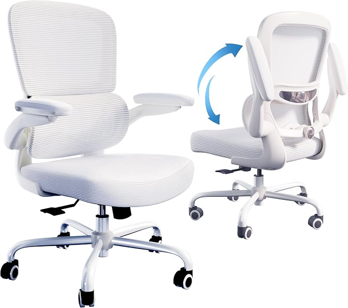 TRALT Ergonomic Office Chair Desk Chair with Adjustable Lumbar Support | Desk Chair Comfy with Flip-up Armrests Ergonomic Chair - Mesh Computer Chairs for Adults, 330lbs, PU Leather (White, 1)