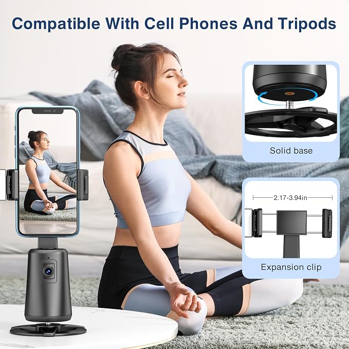 Auto Face Tracking Tripod 360° Rotating Cell Phone Photo and Video Kits Stand, No App, Camera Stand with Remote and Gesture Control, Rechargeable Smart Shooting Stand for Live Recording Tiktok（Black）