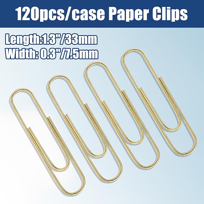 Luomorgo 120 Pcs Gold Paper Clips - 1.3 Inch (33mm) Vinyl Coated Metal Paperclips for Office, School, Home, Bookmark & Document Organizer
