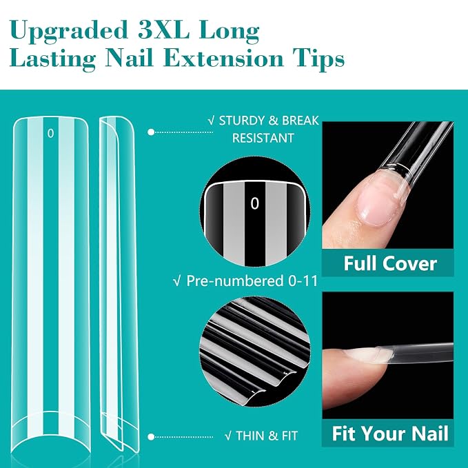 LIONVISON 3XL Square Nail Tips: 240PCS Clear NO C Curve Nail Tips | XXXL Extra Long Tapered Square Nails Tip - 12 Sizes Straight Press On Gel Tip for Nails Salons Home DIY Long-Lasting