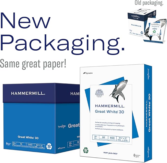 Hammermill Printer Paper, Great White 30% Recycled Paper, 11 x 17 - 5 Ream (2,500 Sheets) - 92 Bright, Made in the USA, 086750C
