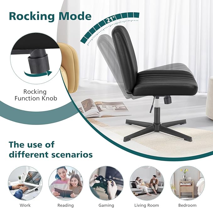 OLIXIS Criss Cross Chair, Vanity Chair, Home Office Desk | Armless No Wheels Wide Seat, Height Adjustable Swivel, Padded PU Leather, Bedroom Student Study, Black Dual Base