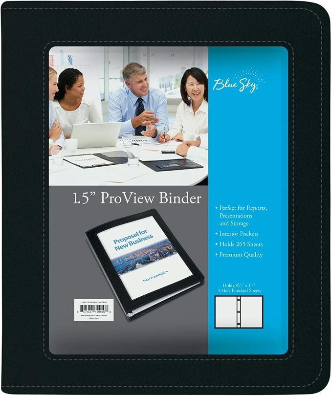 Blue Sky ProView Legacy Black 3 Ring Binder, Letter Size, 1.5", Textured Faux Leather Cover, Built in Pockets, Holds 265 Sheets (10040) | Textured Faux Leather Cover, Built-in Pockets, Holds 265 Sheets, For Office and School