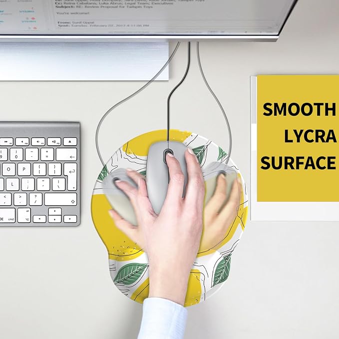 Mouse Pad with Wrist Rest, Comfortable Computer Mousepad with Gel Wrist Support Smooth Surface and Non-Slip PU Base for Pain Relief, Laptop, Office & Home (Lemon)