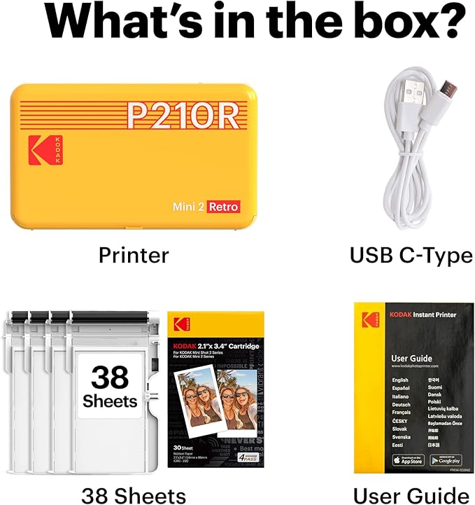 KODAK Mini 2 Retro 2x3 Portable Photo Printer, 38 Sheets, Bluetooth Smartphone Printer for iPhone & Android, Instant Color Prints, 4PASS Dye Sublimation, Yellow