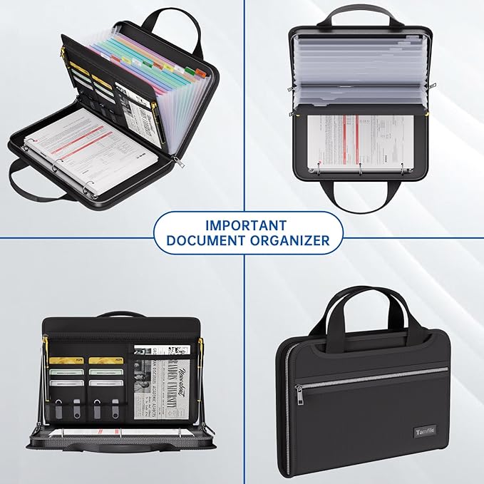 Tamfile Fireproof Accordion File Folder with Handle, Document Organizer | Expanding File Folder with 13 Pockets, Multiple Pockets, Water Resistant,Portable Travel Home Safe for A4 File,Travel,Black