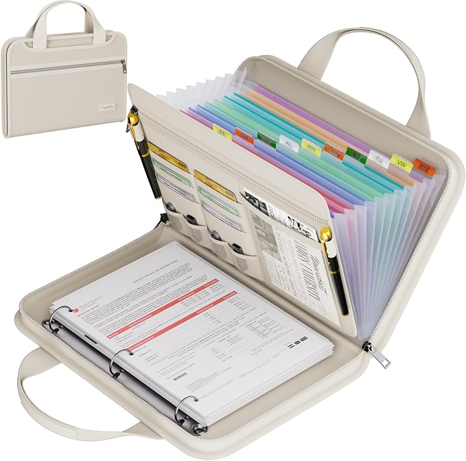 Tamfile Fireproof Accordion File Folder with Handle, Document Organizer | Expanding File Folder with 13 Pockets, Multiple Pockets, Water Resistant,Portable Travel Home Safe for A4 File,Travel,Beige