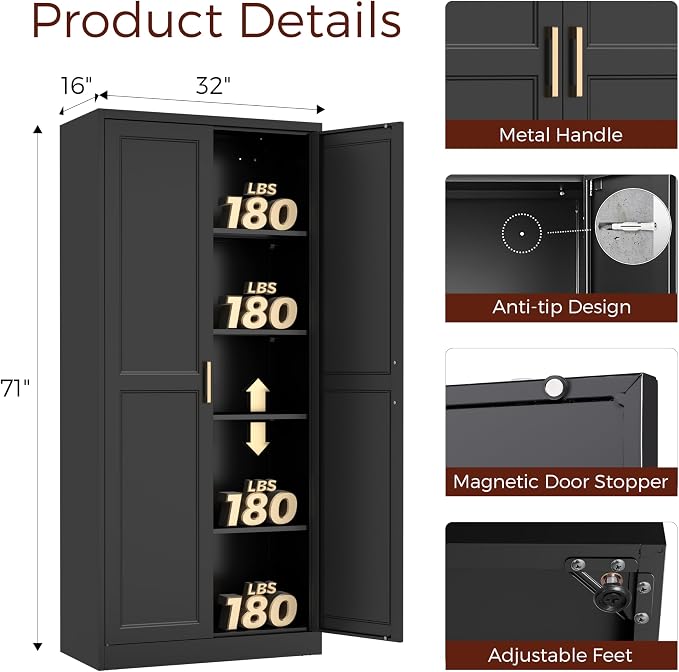 71" Tall Metal Kitchen Pantry Cabinet, Storage Cabinet with Doors | Kitchen Cabinet with 4 Adjustable Shelves, Food Pantry Cabinet, Cupboard for Kitchen, Dining Room, Garage, Office & School