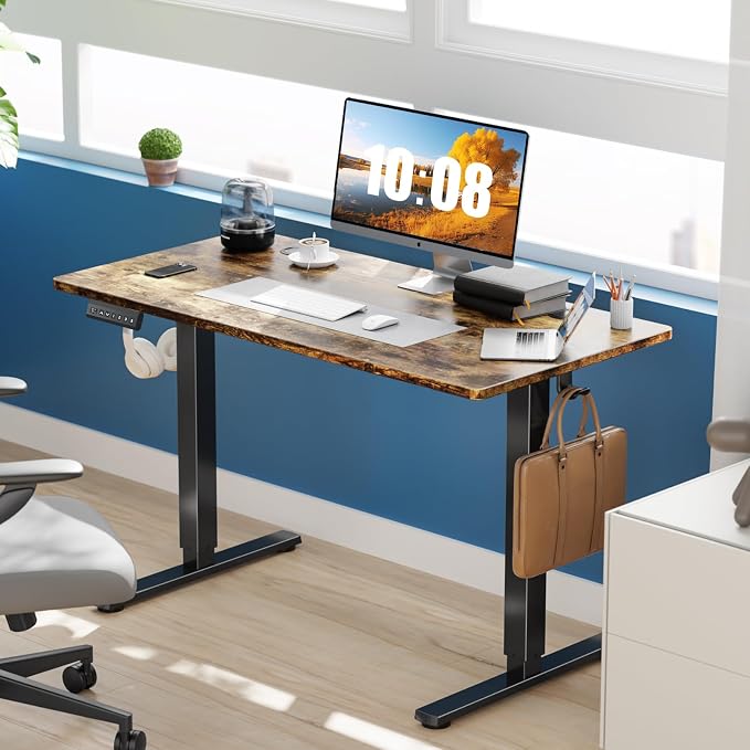 DUMOS 47 Inch Electric Standing Desk, Memory Adjustable Home Office Desk | Sit Stand Up Desk for Work Home Office,Adjustable Desk, Rising Computer Table with Splice Board,Cable Management,Hook,Rust
