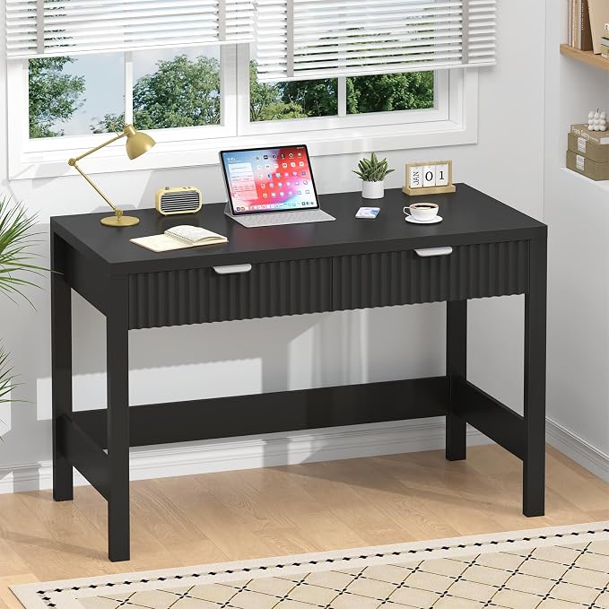 39 Inch Small Fluted Computer Desk with 2 Drawers for Bedroom, Home Office | Small Computer Desk with Storage, Compact Writing Study Desk for Small Spaces, Black