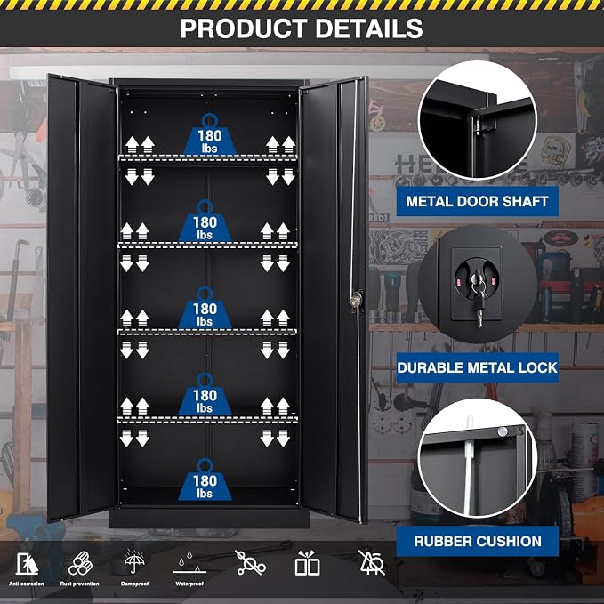 Fesbos Metal Storage Cabinet-71” Tall Steel File Cabinets with Lockable Doors and Adjustable Shelves-Black Steel Storage Cabinet for Home,Kitchen, School, Office, Garage