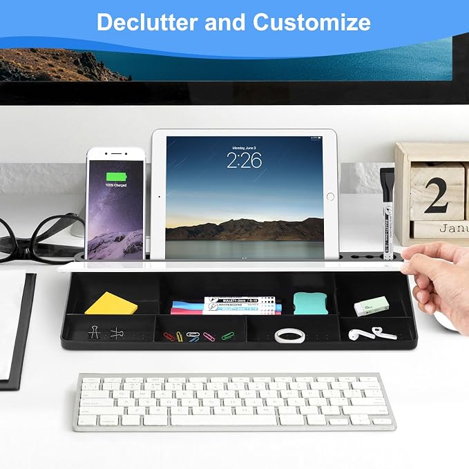 Desktop Glass Whiteboard with Storage, Desk Dry Erase White Board Stand | Computer Keyboard Stand, Office Desk Organizers and Accessories with Drawer, To Do Memo Notepad, Home School Supplies