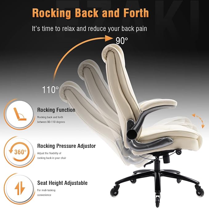 High Back Office Chair, Ergonomic Executive Computer Desk Chair | Flip Arms, Adjustable Built-in Lumbar Support, Thick Padded, Strong Metal Base, Quiet Wheels Work Chairs for Long Hours
