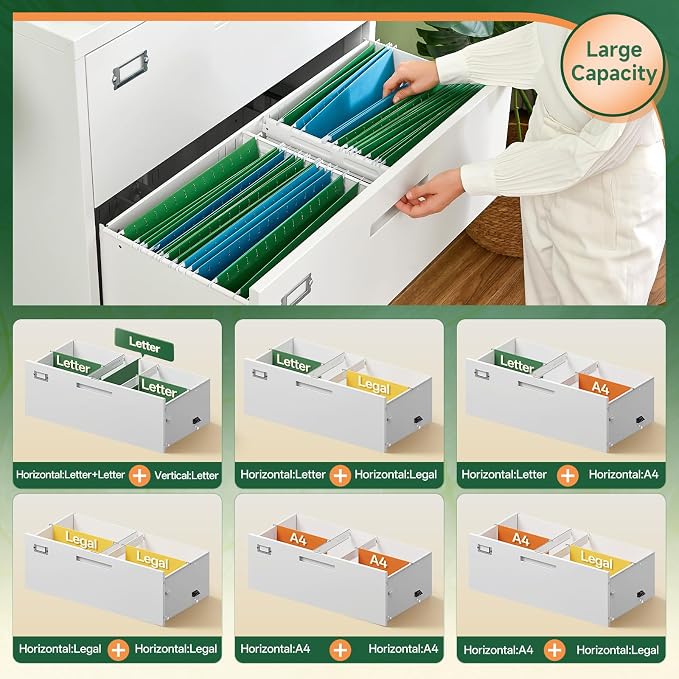 4 Drawer File Cabinet with Lock, Metal Lateral Filing Cabinet Wide Office Organization Storage for Home Office Hanging Letter/Legal/F4/A4 (White-Requires Installation)