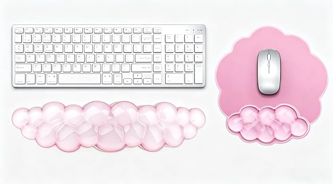 Mouse Pad with Wrist Rest, Soft Cloud Gel Keyboard Mouse Pad Set with Hand Wrist Support, Cute Non Slip Office Desk Accessories for Comfort/Pain Relief/Computer/Laptop (2Pc Pink Cloud)