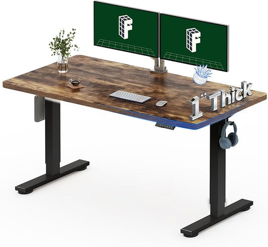 FLEXISPOT One-Piece Electric Standing Desk, 55 x 28 Inches Adjustable Desk with Seamless Desktop, Memory Controller Height Adjustment (Black Frame + Rustic Brown Desktop, 2 Packages)