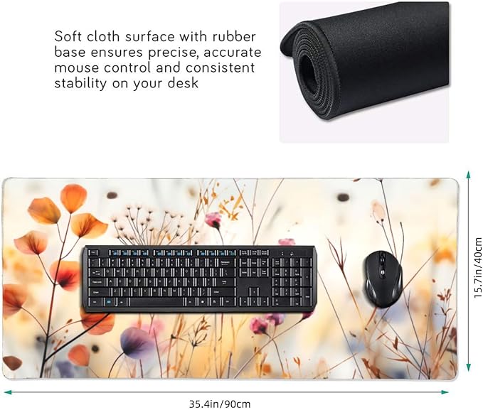 35.4 x 15.7 in, XXL Large Mouse Pad for Desk, Extended Keyboard Mouse Mat for Computer Office, Big Mouse pad with Stitched Edges, Gaming Pc-Wild Grass and Flowers