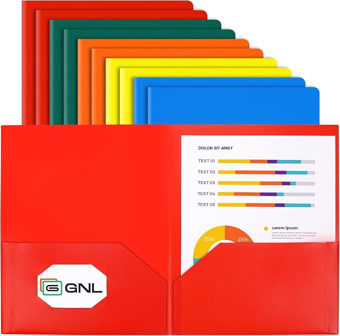 GNL Plastic Folders with Pockets, Pack of 10, Colored Heavy Duty 2 Pocket File Folders Letter Size, Pocket Folders for School, Home, and Office