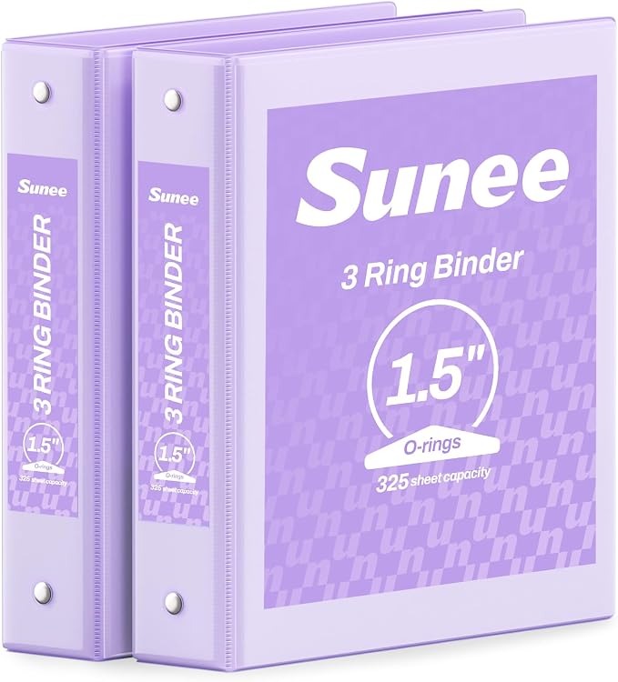 SUNEE 3 Ring Binder 1.5 Inch 2 Pack, Clear View Binder Three Ring PVC-Free (Fit 8.5x11 Inches) for School or Office Supplies, Purple