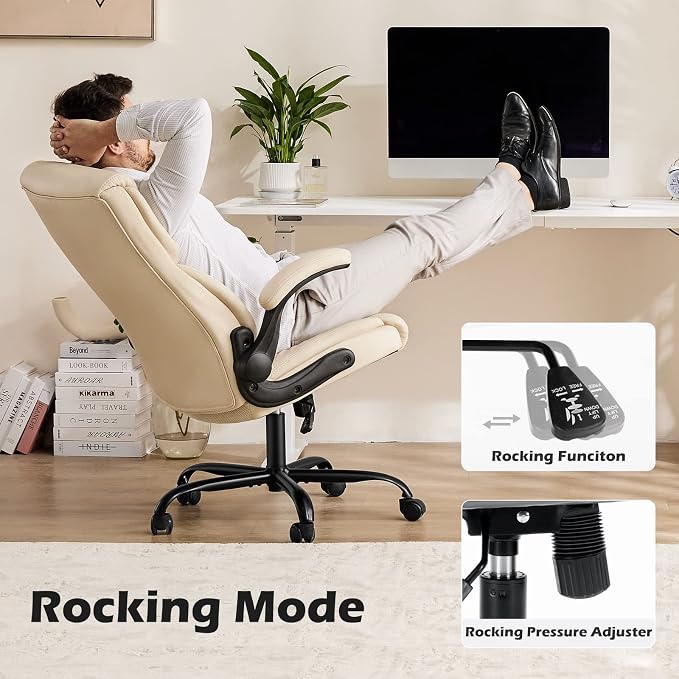 DUMOS Leather Office Chair, Computer Desk Chair, Lumbar Support | Adjustable Flip-Up Armrest, Swivel Rolling Wheels, Strong Metal Base, Cream White